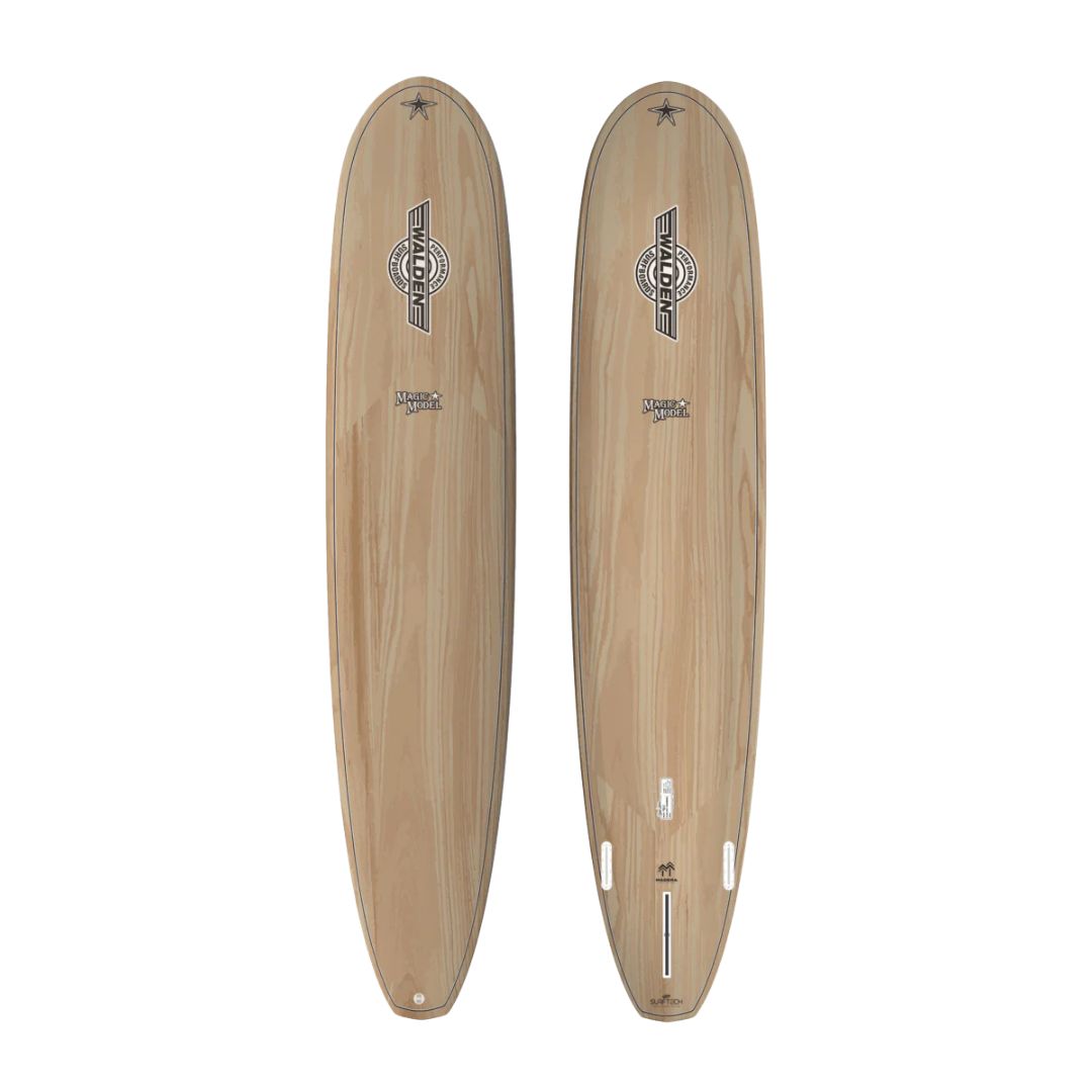 Surftech Walden Magic Madera 9'6'' longboard acabado madera vista superior e inferior con logo Walden y shape clásico.