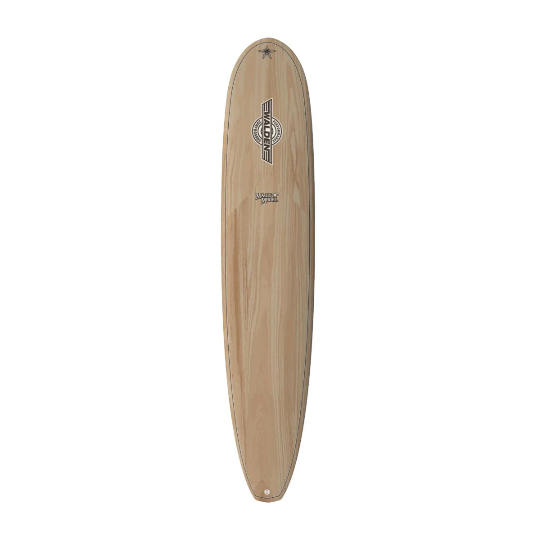 Surftech Walden Magic Madera 9'6'' tabla de surf longboard detalle vista superior con acabado madera natural y nose ancho para noseriding.