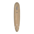 Surftech Walden Magic Madera 9'6'' longboard vista inferior con configuración 2+1 quillas y sistema de caja central en tail.