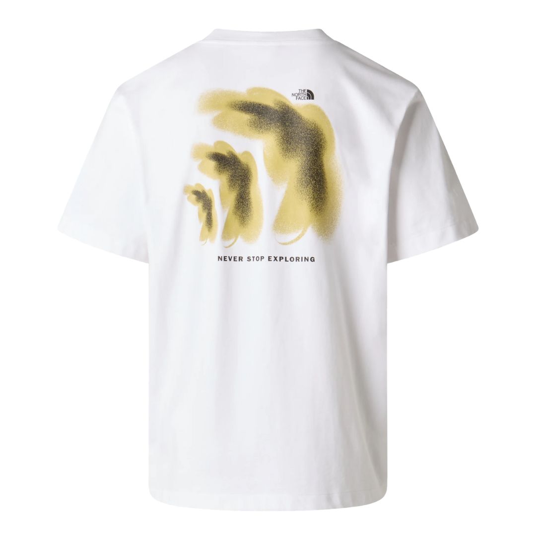 Camiseta The North Face 1966 Half Dome blanca vista trasera con gráfico estampado y lema Never Stop Exploring.