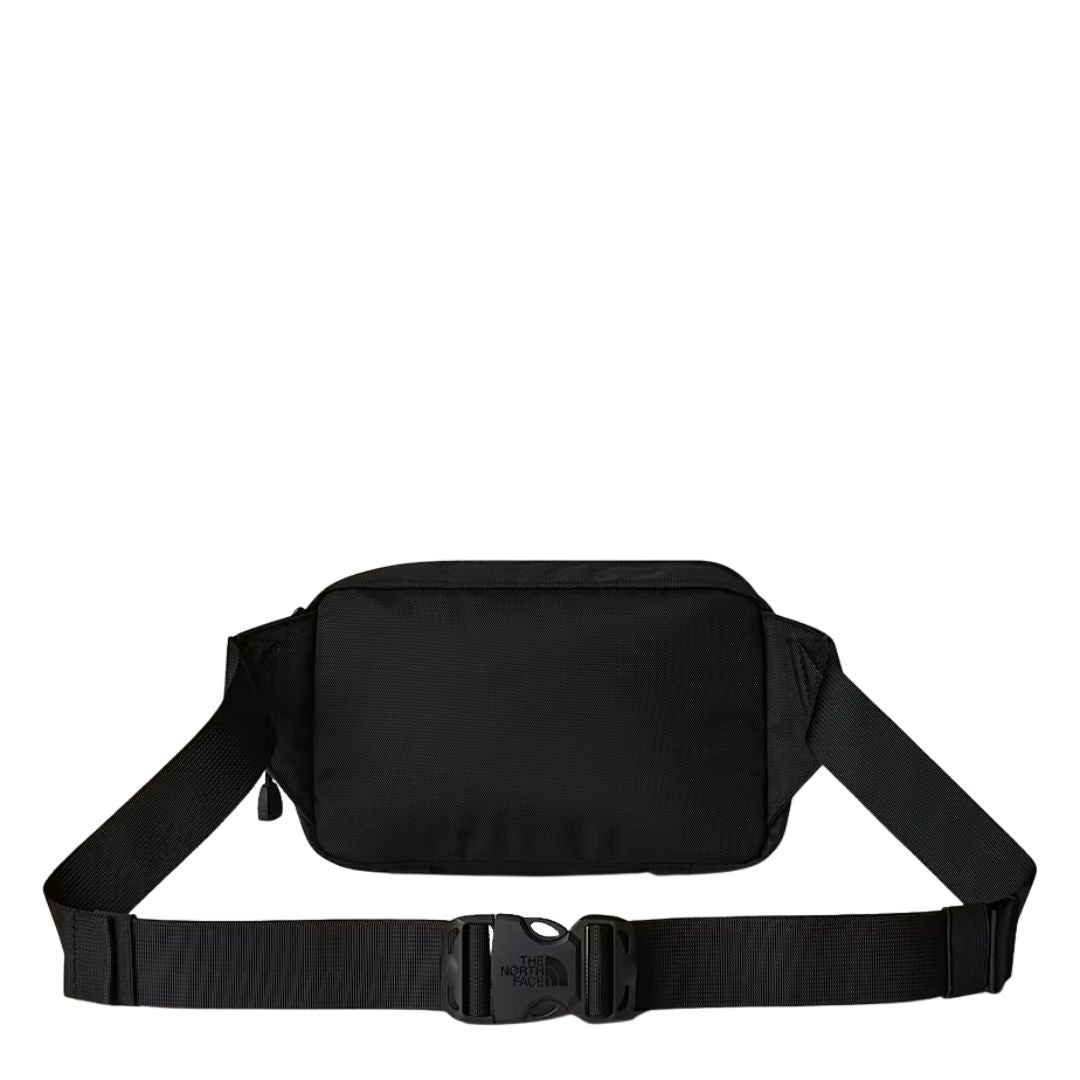 Vista trasera de la riñonera The North Face Base Camp Lumbar TNF Black Asphalt Grey con cierre de clip ajustable