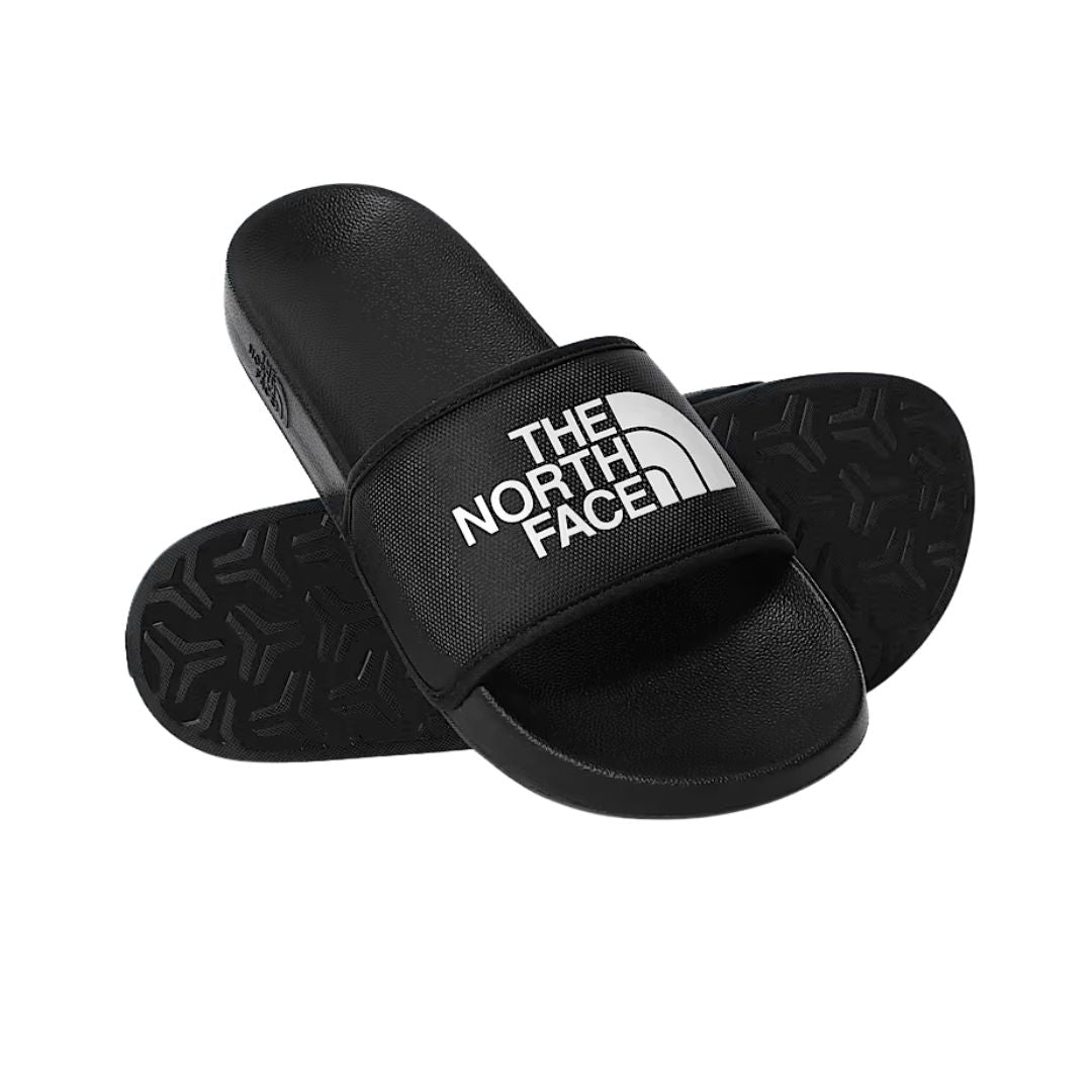 Chanclas The North Face Base Camp Slide III en color negro con logo blanco, vista superior y lateral