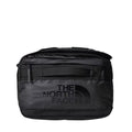 Vista frontal de la bolsa The North Face Base Camp Voyager Duffel 42L en color TNF Black/Asphalt Grey con logo grande de la marca.