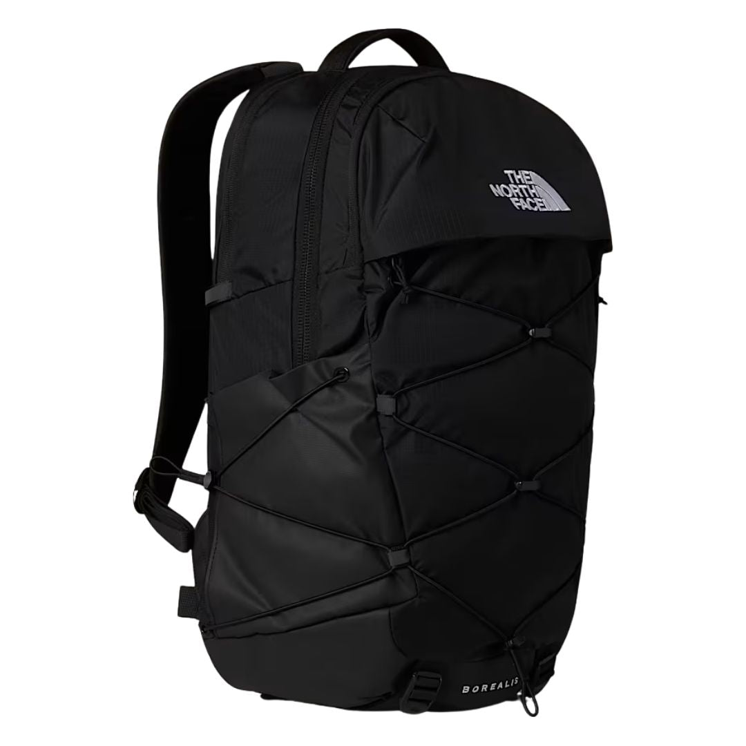 Mochila The North Face Borealis negra de 28 litros vista lateral en detalle, con cordón elástico frontal y diseño técnico.