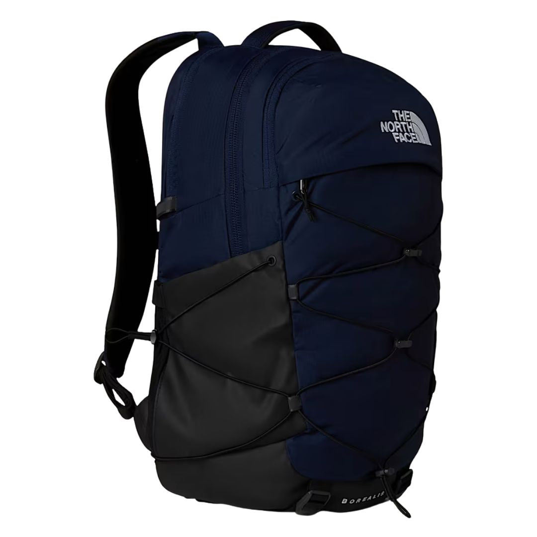 Vista lateral de la mochila The North Face Borealis 28L color Navy con bolsillos laterales elásticos.
