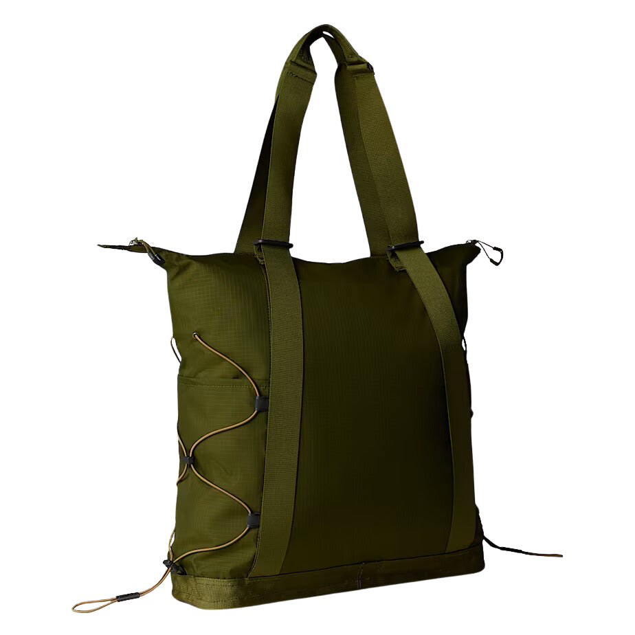 Vista trasera del bolso tote The North Face Borealis en color Forest Olive con sistema de correas ajustables.