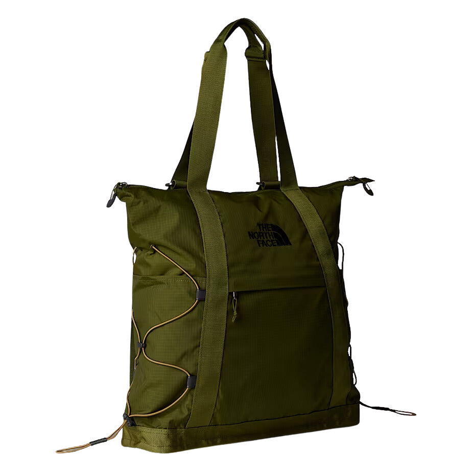 Vista frontal del bolso tote The North Face Borealis en color Forest Olive con diseño de cordón elástico.