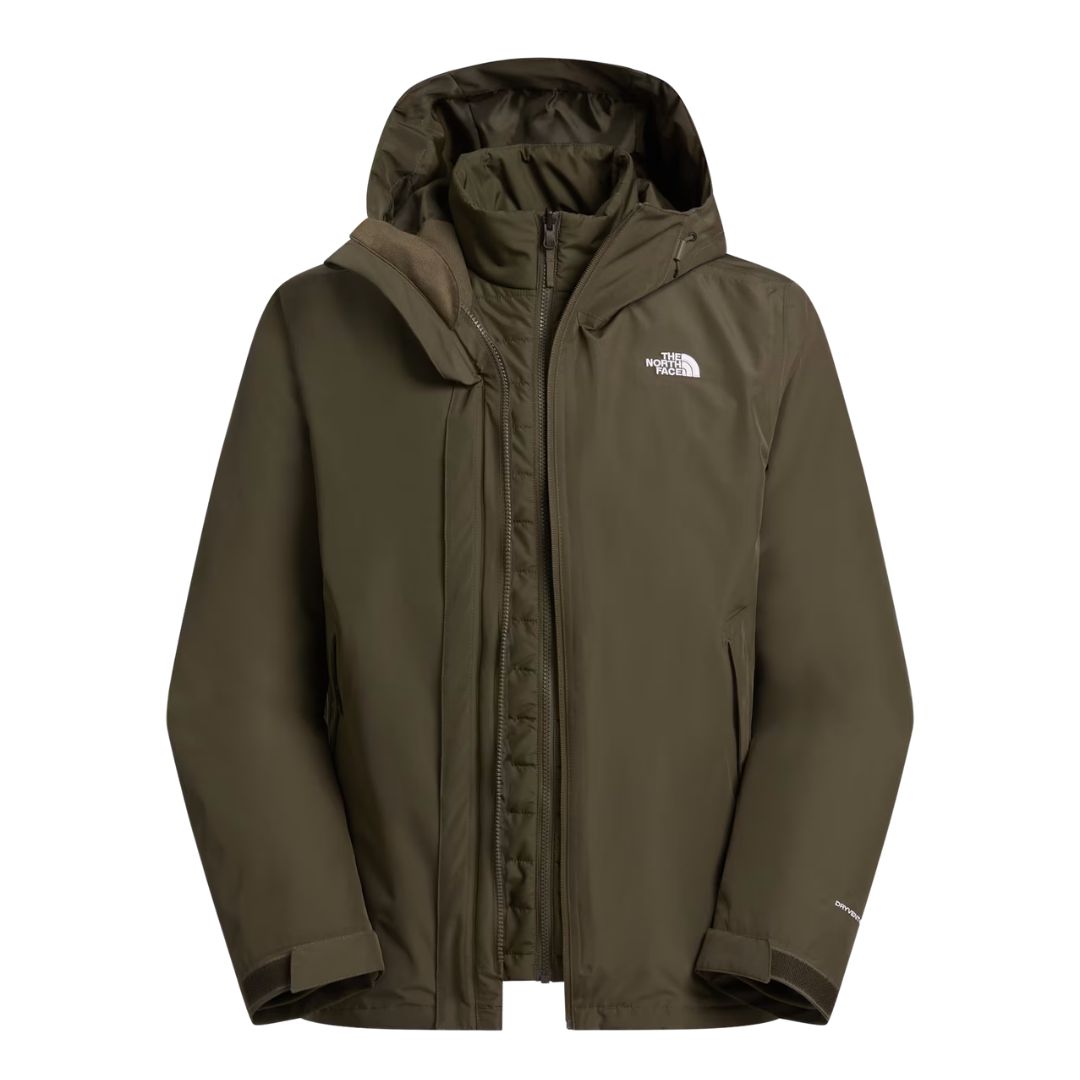 Chaqueta The North Face Carto Mono Triclimate en New Taupe Green desabrochada, mostrando la capa interior acolchada acoplada bajo el exterior DryVent Mono.