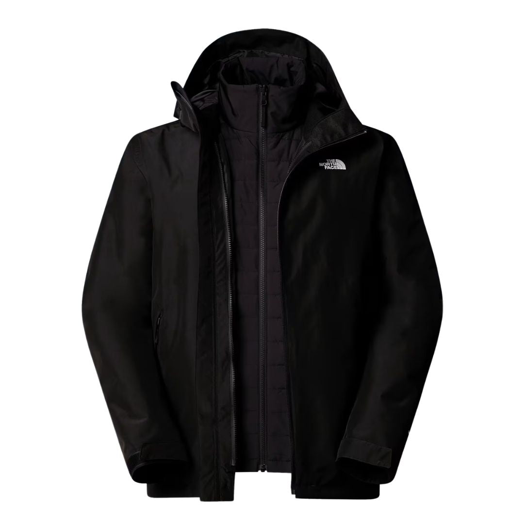 The North Face Carto Mono Triclimate negra con la chaqueta interior acolchada puesta bajo el exterior abierto, cremalleras de ambas capas y logo bordado en el pecho.