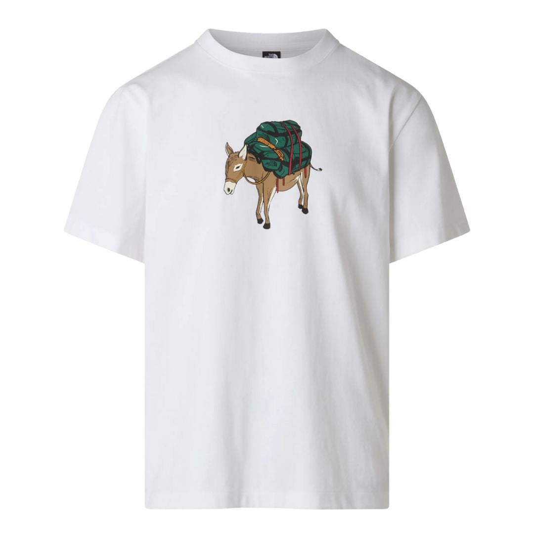Camiseta The North Face Donkey Taxi Relaxed blanca TNF White, vista frontal con gráfico del burro.