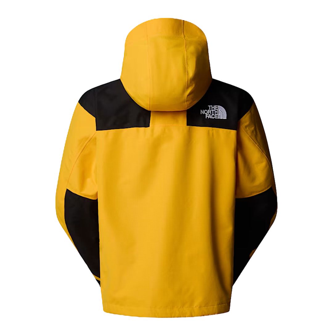 Chaqueta The North Face Dryvent Mono Mountain en color amarillo Summit Gold y negro TNF, vista trasera con capucha.