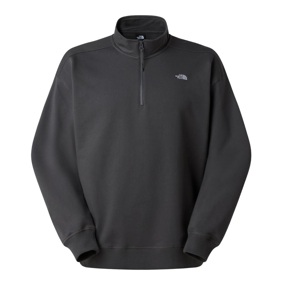 Sudadera The North Face Essential Light Relaxed 1/4 Zip Crew color anthracite grey vista frontal con logo bordado.
