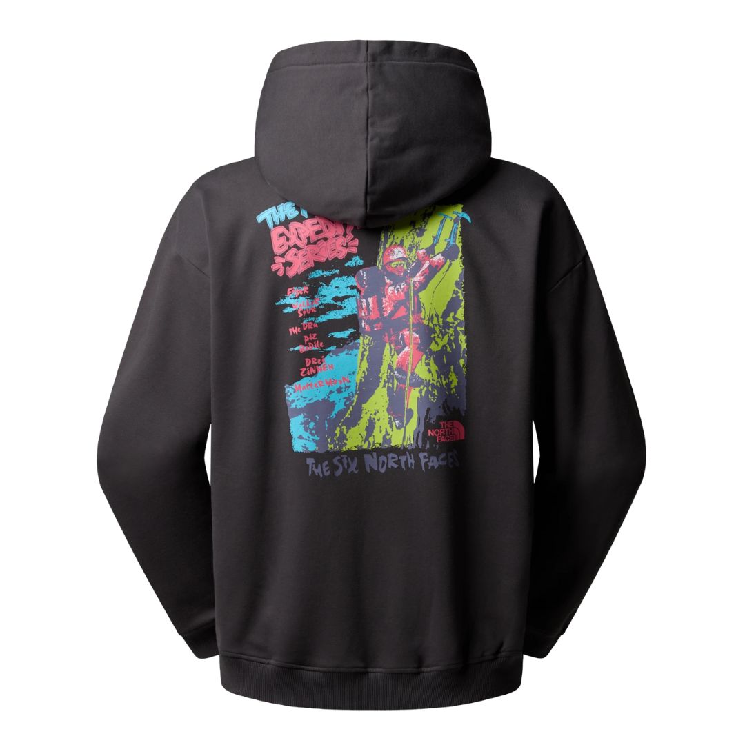 The North Face Expedition Celebration Oversized Hoodie color gris antracita, vista trasera con estampado gráfico multicolor en la espalda.