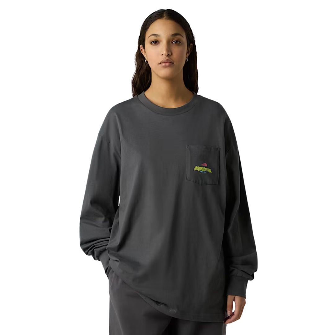 Modelo vistiendo camiseta The North Face Expedition Celebration en color anthracite grey, de frente, con bolsillo en el pecho.