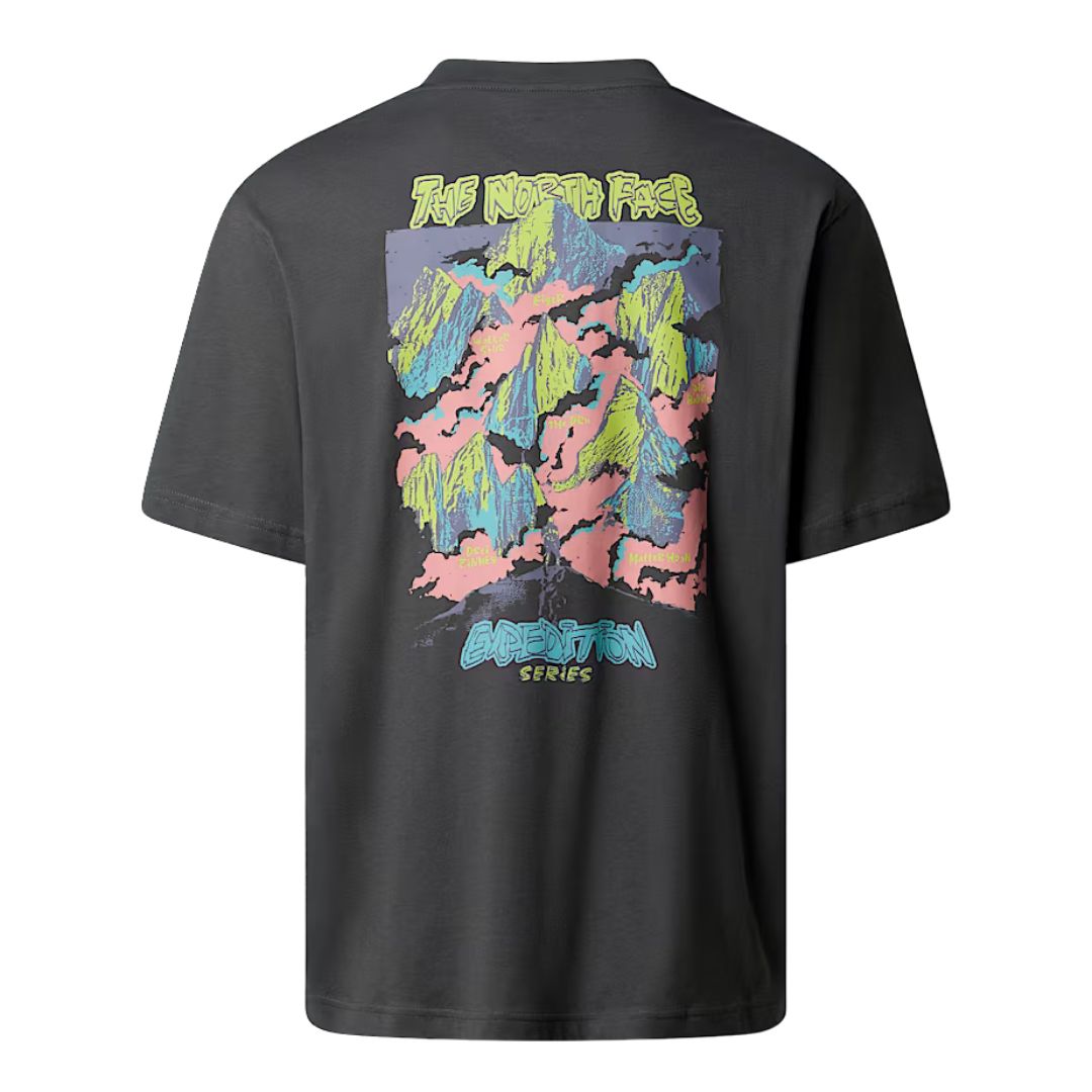 Camiseta THE NORTH FACE Expedition Celebration Oversized T-Shirt en color Anthracite Grey, vista trasera sin modelo con diseño gráfico de montañas en colores pastel.