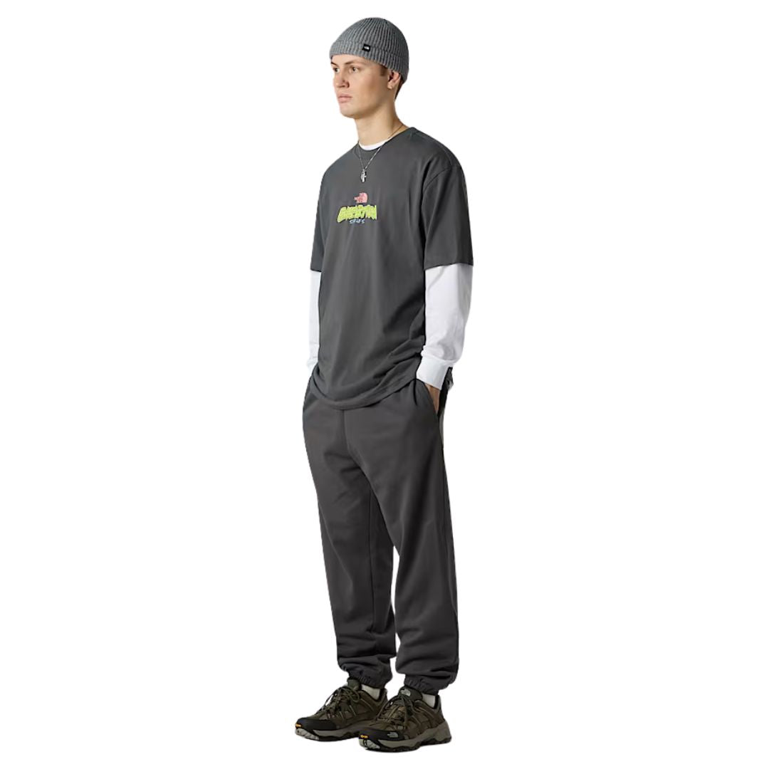 Modelo vistiendo la camiseta THE NORTH FACE Expedition Celebration Oversized T-Shirt en color Anthracite Grey, vista lateral completa con look urbano.