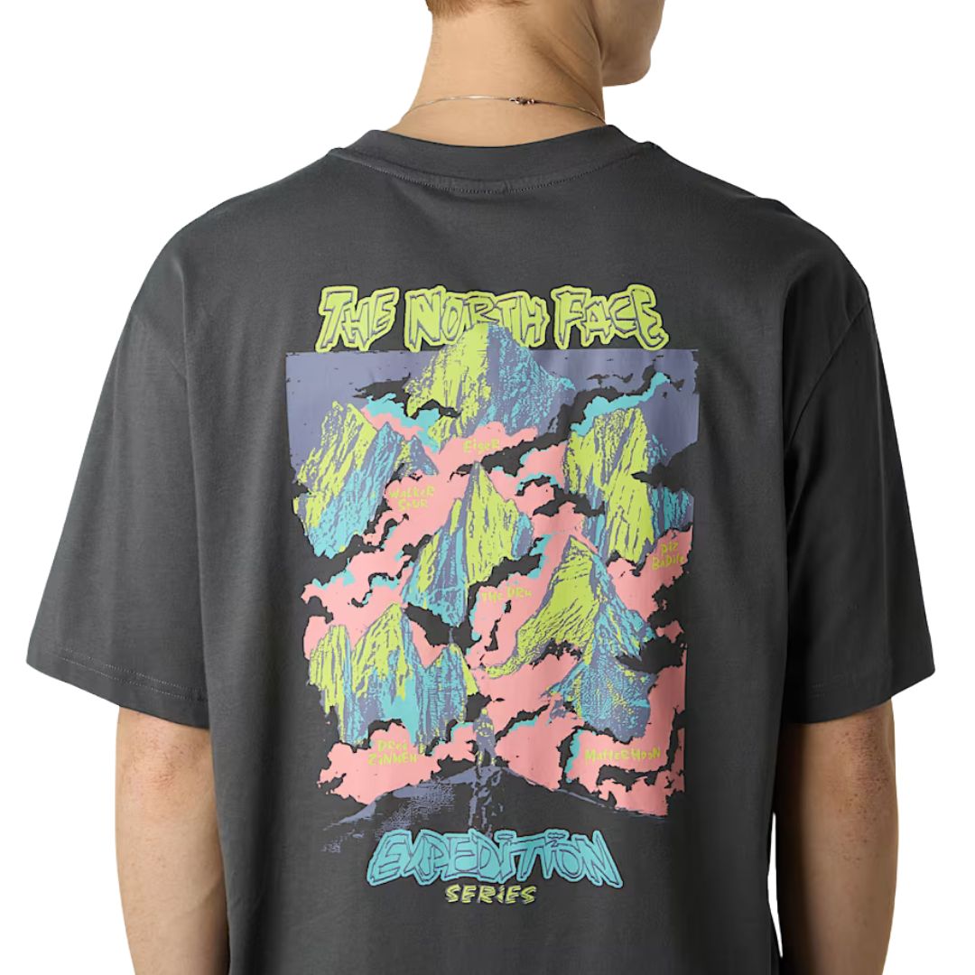 Vista trasera de la camiseta THE NORTH FACE Expedition Celebration Oversized T-Shirt en color Anthracite Grey con estampado gráfico de montañas a gran escala.