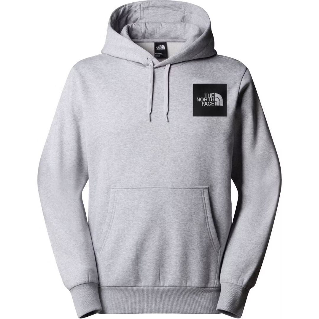 Sudadera gris con capucha The North Face Fine Hoodie vista trasera, logotipo negro en el hombro derecho