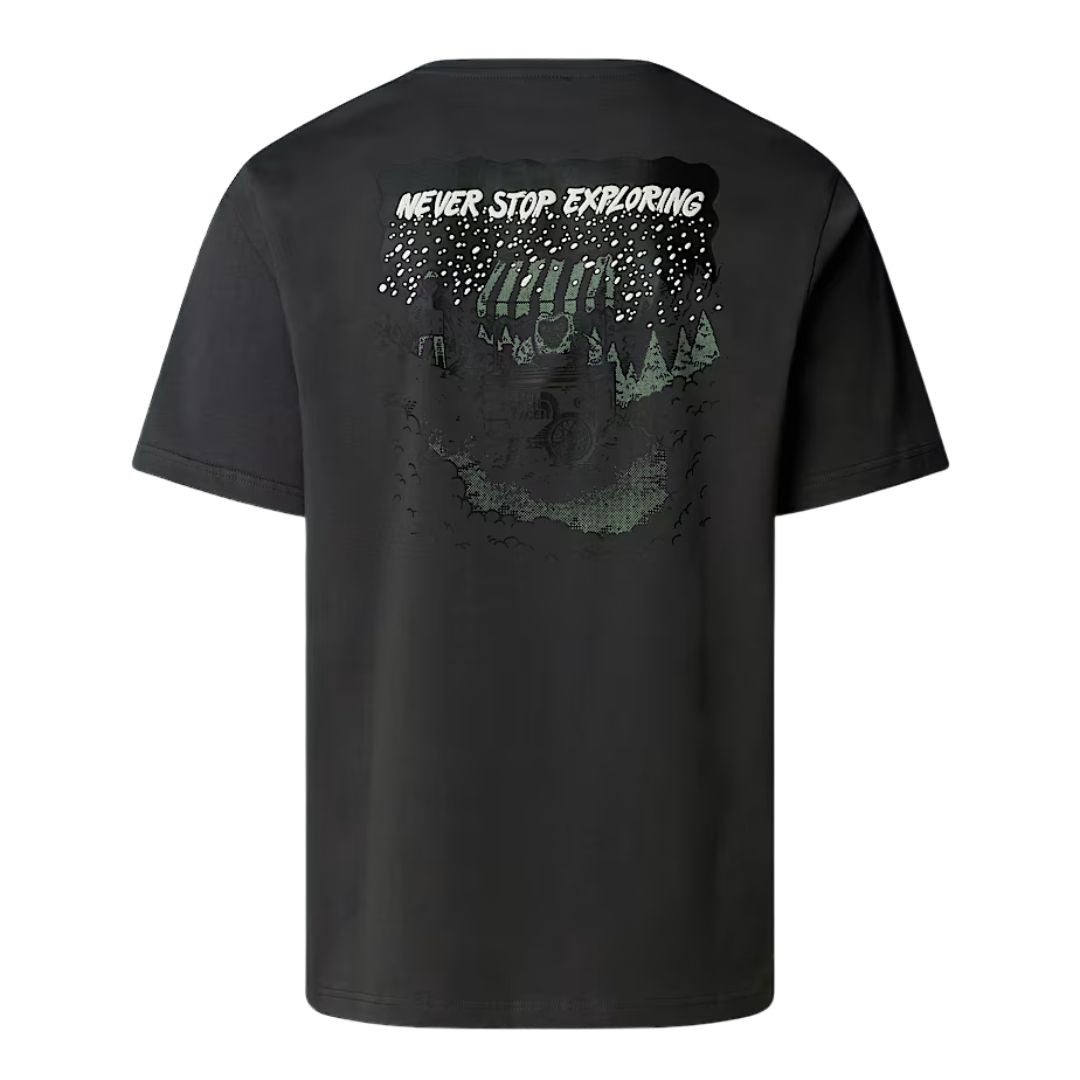 Camiseta The North Face Powder Days Relaxed color Asphalt Grey fotografía producto vista trasera con estampado gráfico.