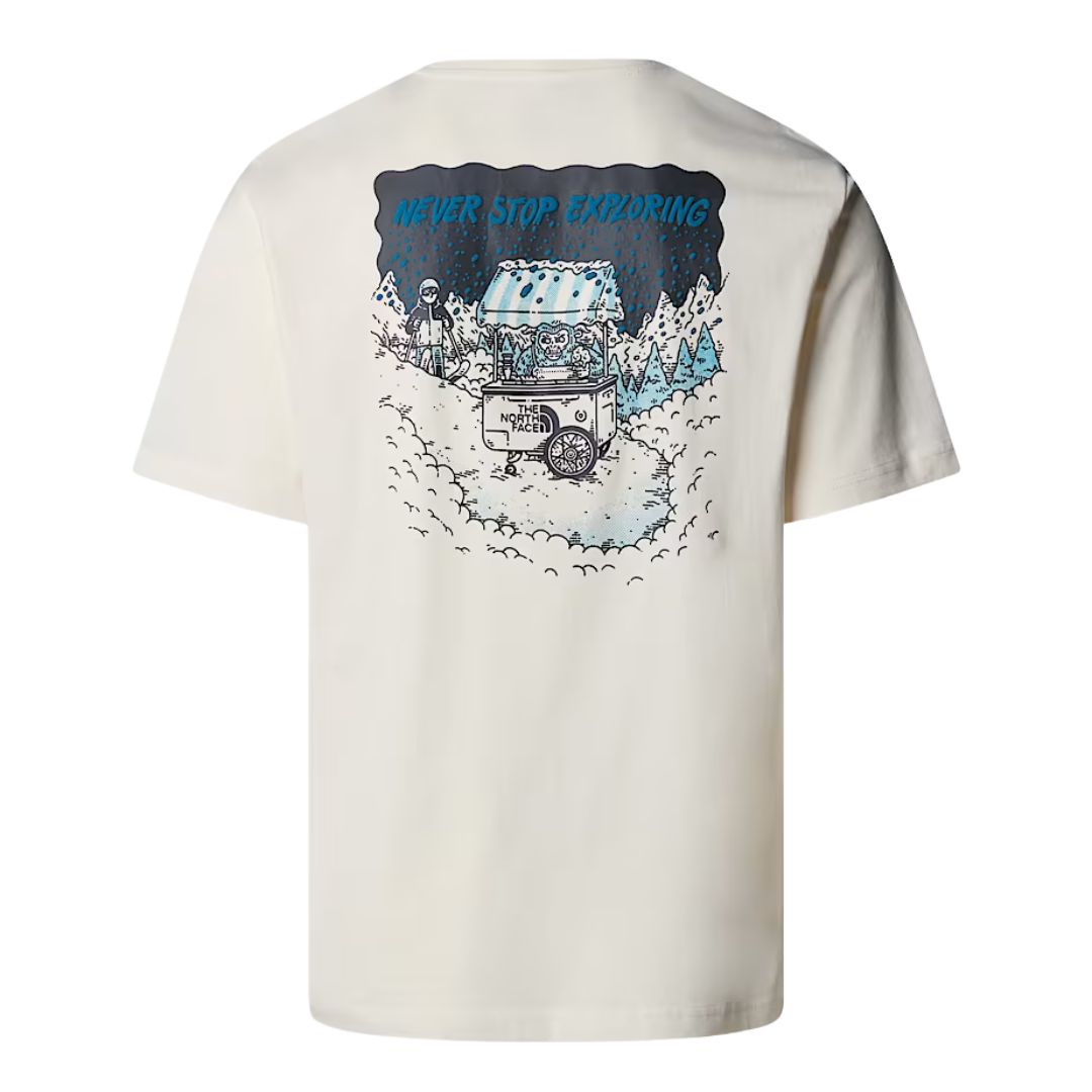 Camiseta The North Face Powder Days Relaxed White Dune, vista trasera del producto con estampado gráfico en la espalda.