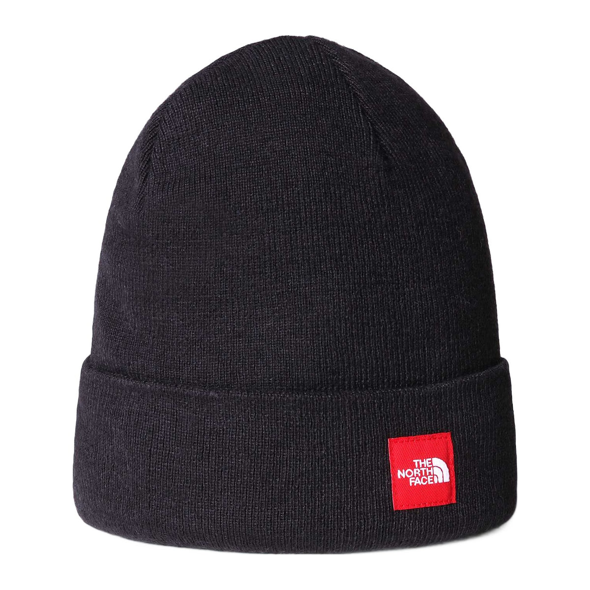 Gorro The North Face Red Box Beanie TNF Black visto de frente sobre fondo blanco, con el borde vuelto y un pequeño parche rojo con el logo The North Face en la parte baja del puño