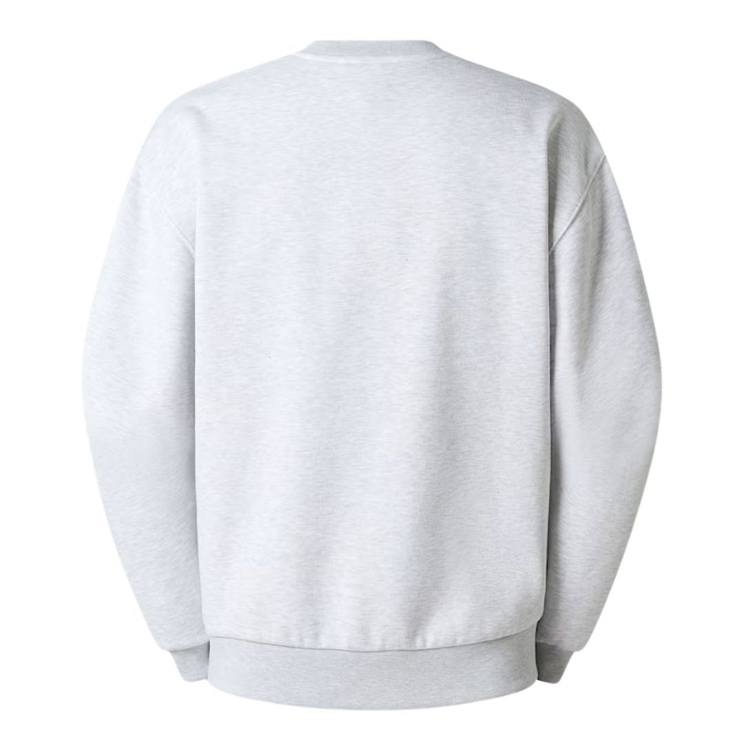 Sudadera The North Face Red Box Crew color gris jaspeado Classic Grey Heather vista trasera.