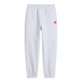 Pantalón de chándal The North Face Red Box en gris jaspeado TFN Classic en plano de producto, vista frontal con parche rojo del logo en la cadera y cordón de cintura visible.
