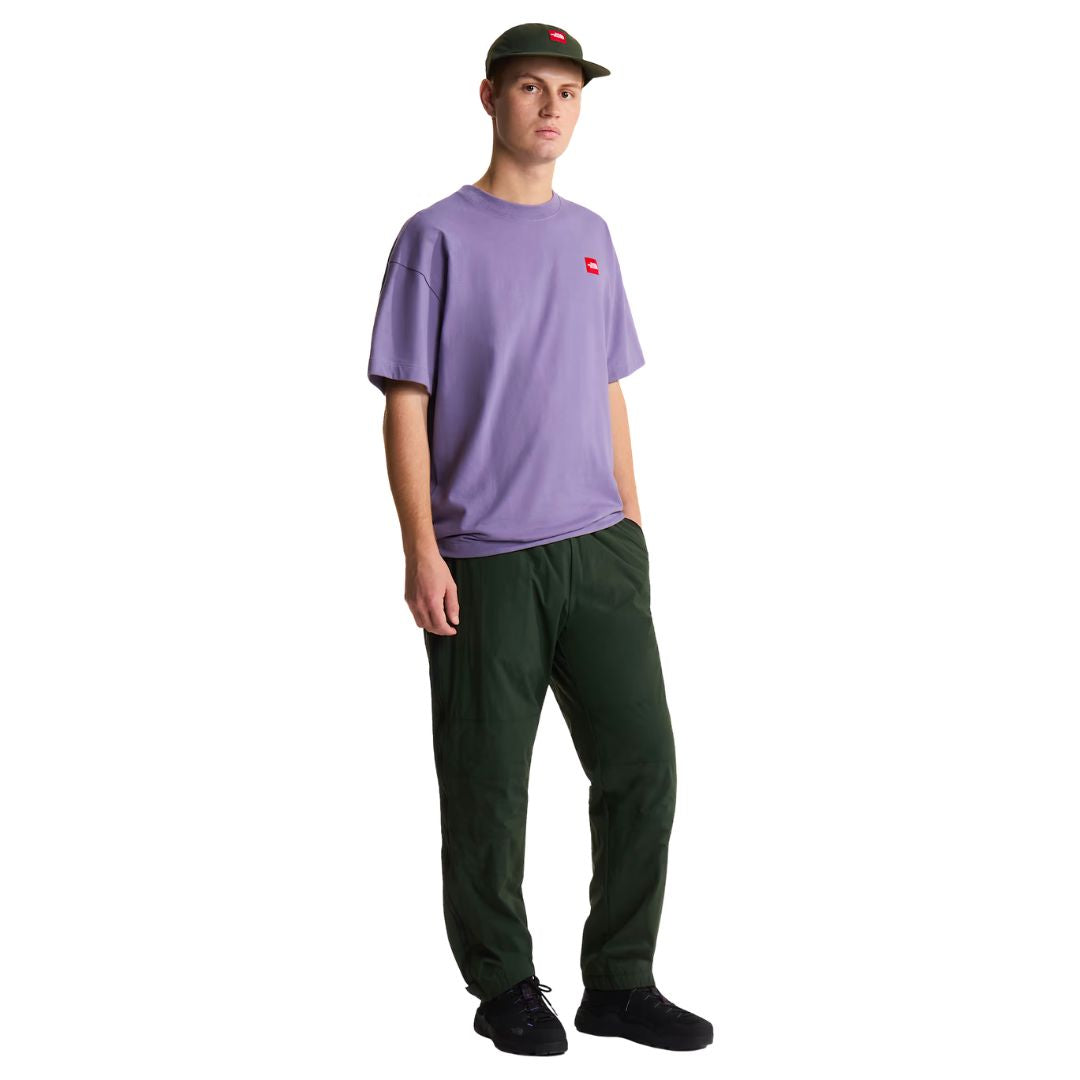 Camiseta The North Face Redbox unisex color Grounded Plum en look completo, hombre con gorra verde, pantalón técnico verde y zapatillas outdoor negras.