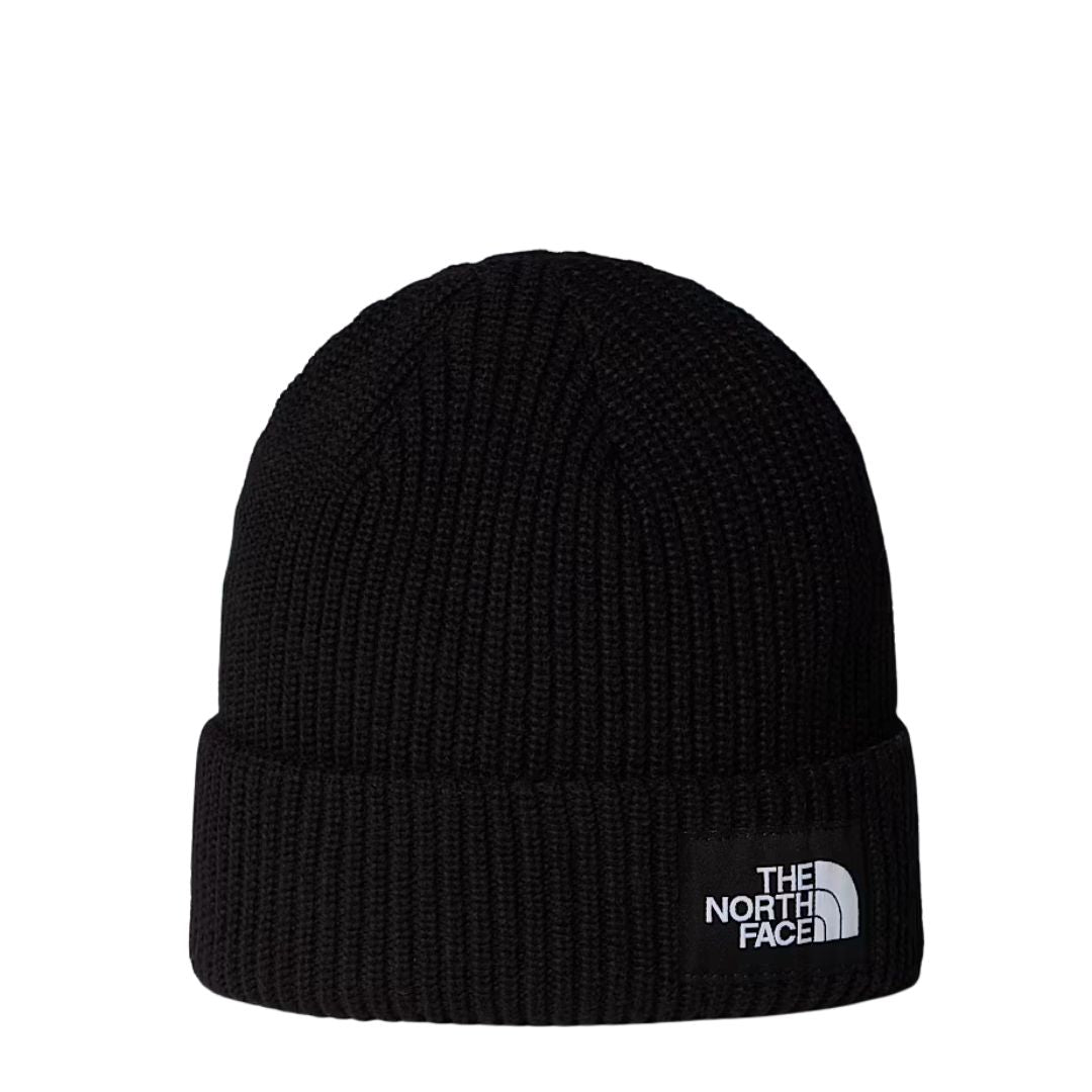 Gorro The North Face Salty Lined Beanie color negro TNF Black visto de frente con borde vuelto y parche de logotipo en contraste.