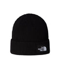 Gorro The North Face Salty Lined Beanie color negro TNF Black visto de frente con borde vuelto y parche de logotipo en contraste.