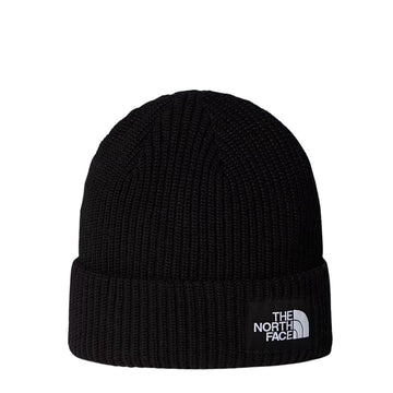 Gorro The North Face Salty Lined Beanie color negro TNF Black visto de frente con borde vuelto y parche de logotipo en contraste.