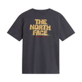 Camiseta The North Face Stone Logo RLX en gris antracita, vista de espalda en plano de producto (flat lay), mostrando en detalle el estampado completo 