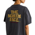 Primer plano del estampado trasero de la camiseta The North Face Stone Logo RLX en gris antracita en modelo mujer, con detalle de las letras estilo piedra y hierba dibujada.