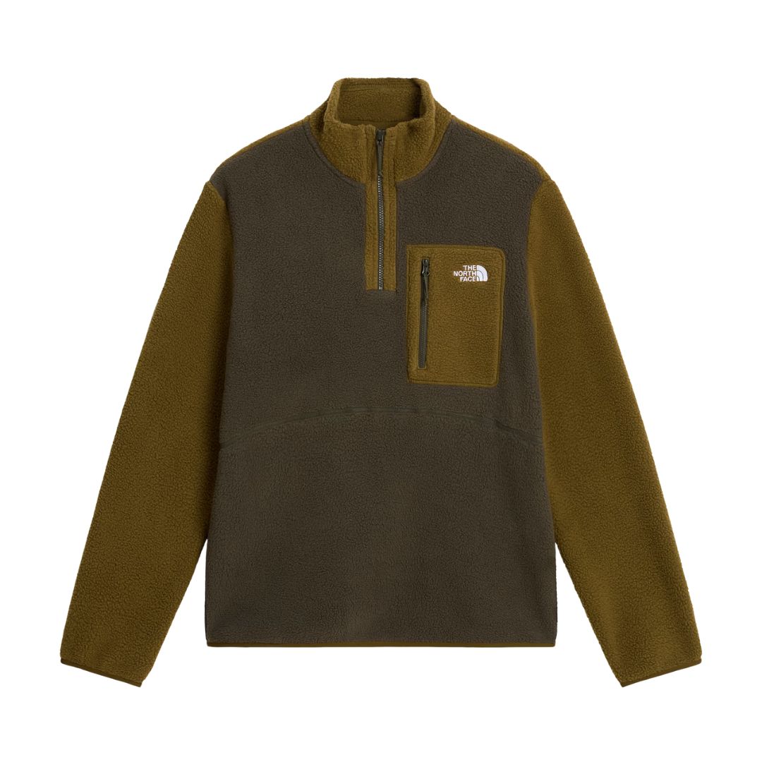 Vista frontal de la chaqueta polar The North Face Yumiori 1/4 Zip New Taupe Green/Caraway Seed, con media cremallera VISLON y bolsillo con cremallera en el pecho.