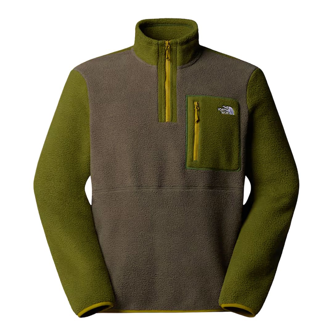 Vista frontal de la chaqueta polar The North Face Yumiori 1/4 Zip para hombre en color New Taupe Green.