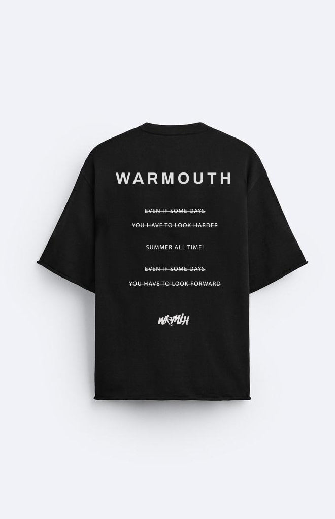 Camiseta Warmouth Eyewear Warm Shirt negra – Vista trasera con estampado de frases motivacionales y logo de la marca.