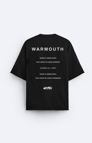 Camiseta Warmouth Eyewear Warm Shirt negra – Vista trasera con estampado de frases motivacionales y logo de la marca.