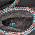 Detalle cercano del forro de piel de oveja y ribete trenzado multicolor de las UGG Tasman II Dark Grey.