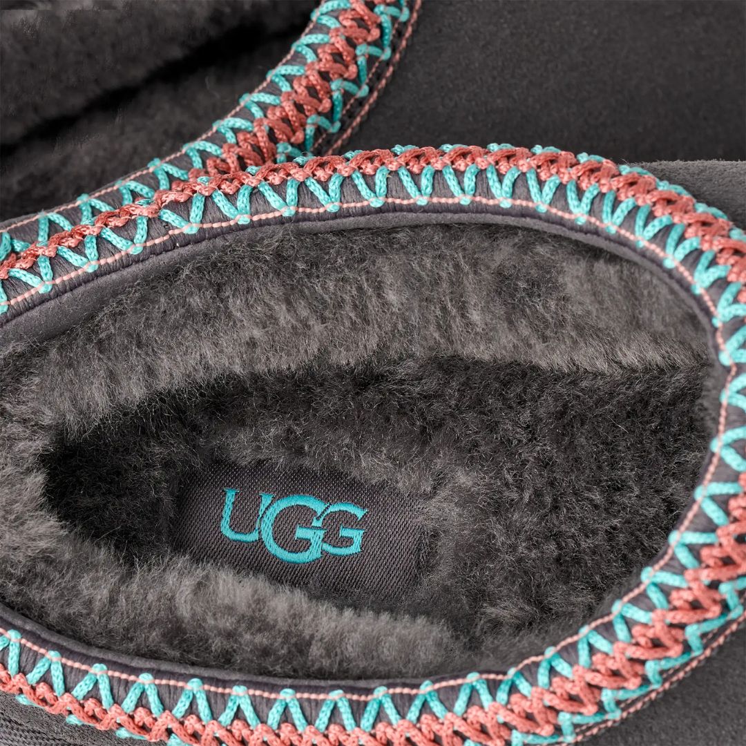 Detalle cercano del forro de piel de oveja y ribete trenzado multicolor de las UGG Tasman II Dark Grey.