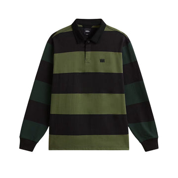 Polo de rugby Vans Ward de punto a rayas verde y negro en plano producto frontal, sin modelo, con cuello negro, tapeta de botones y logotipo Vans bordado en el pecho.