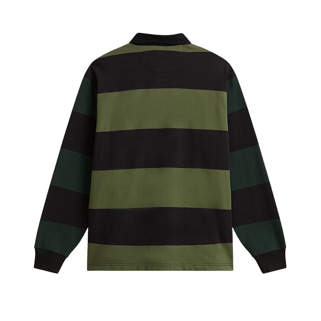 Polo de rugby Vans Ward de punto a rayas verde y negro en plano producto, vista trasera plana sin modelo, mostrando el patrón completo de rayas anchas de hilo teñido.