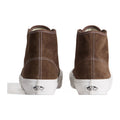 Vans Authentic Hi 2.0 vista trasera del par de zapatillas altas en marrón Vintage Cocoa con costuras blancas y etiqueta Vans Off The Wall en el talón de la suela.