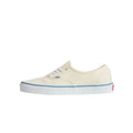 Vans Authentic White zapatillas low-top de lona blanca con suela blanca y franja lateral azul vista lateral.