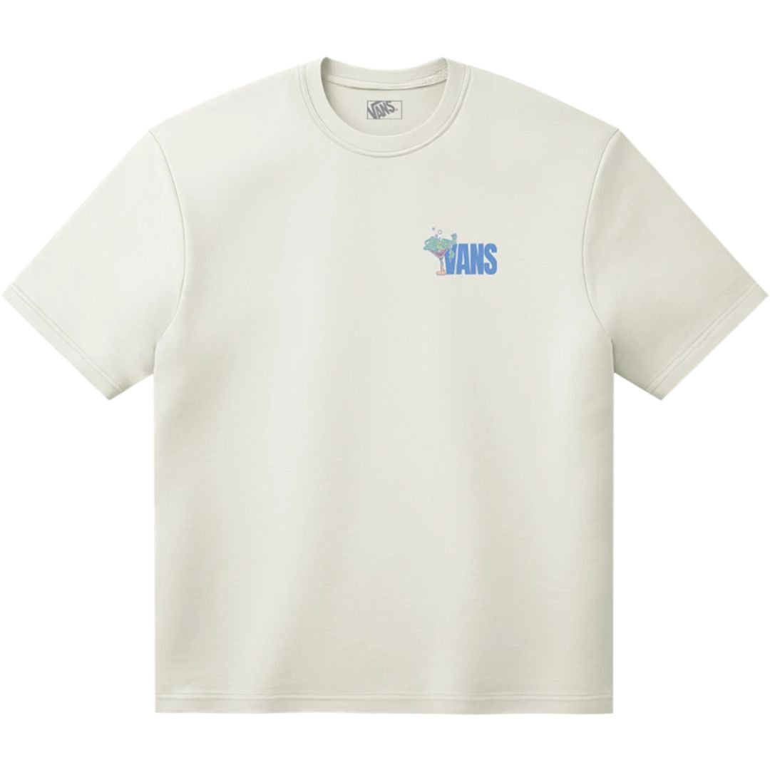 Camiseta Vans Bar Hopper SS Tee color Egret vista frontal con manga corta, cuello redondo y pequeño logo gráfico Vans en el pecho.