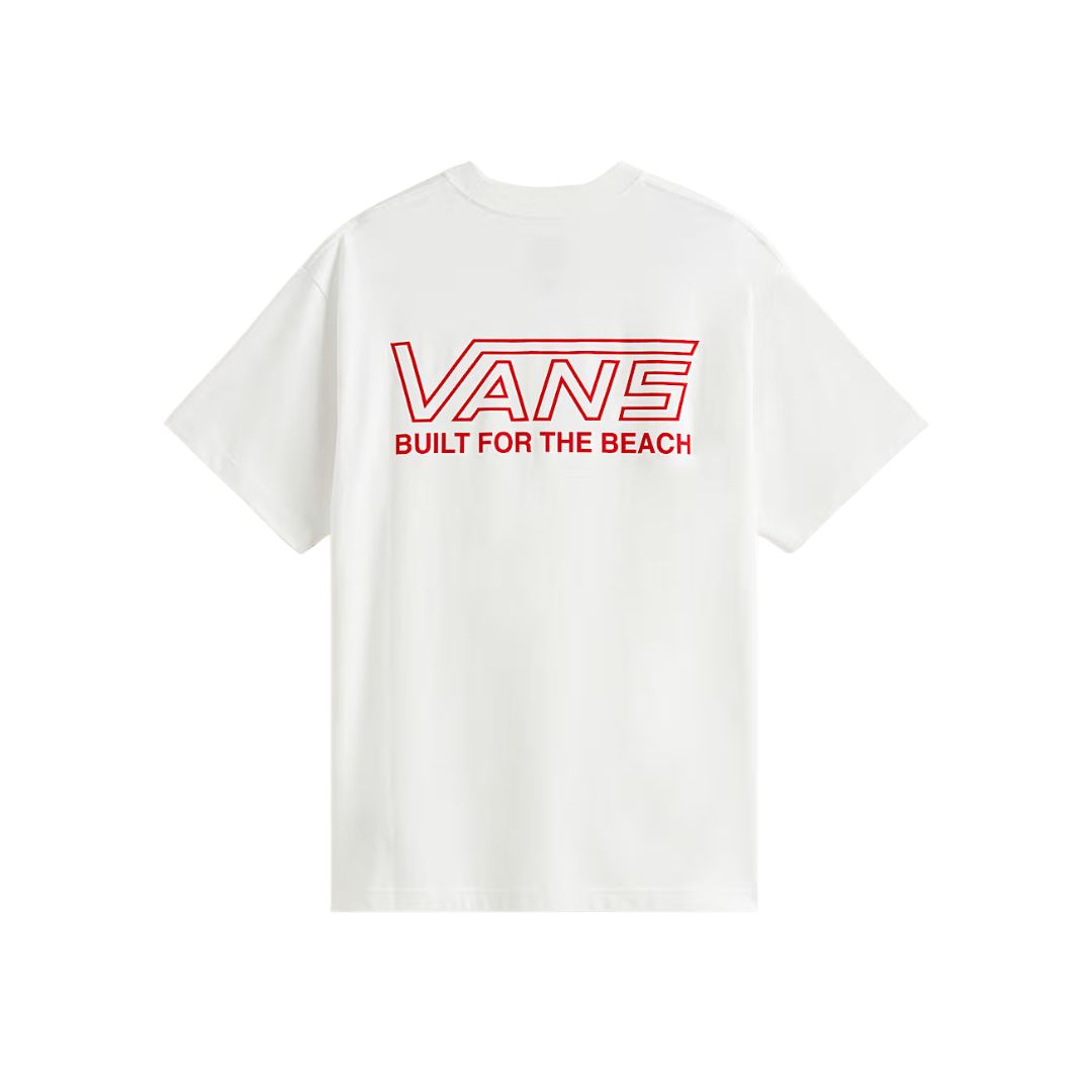 Vans Buckled T-Shirt White camiseta blanca de manga corta con gran gráfico rojo VANS Built for the Beach en la espalda.