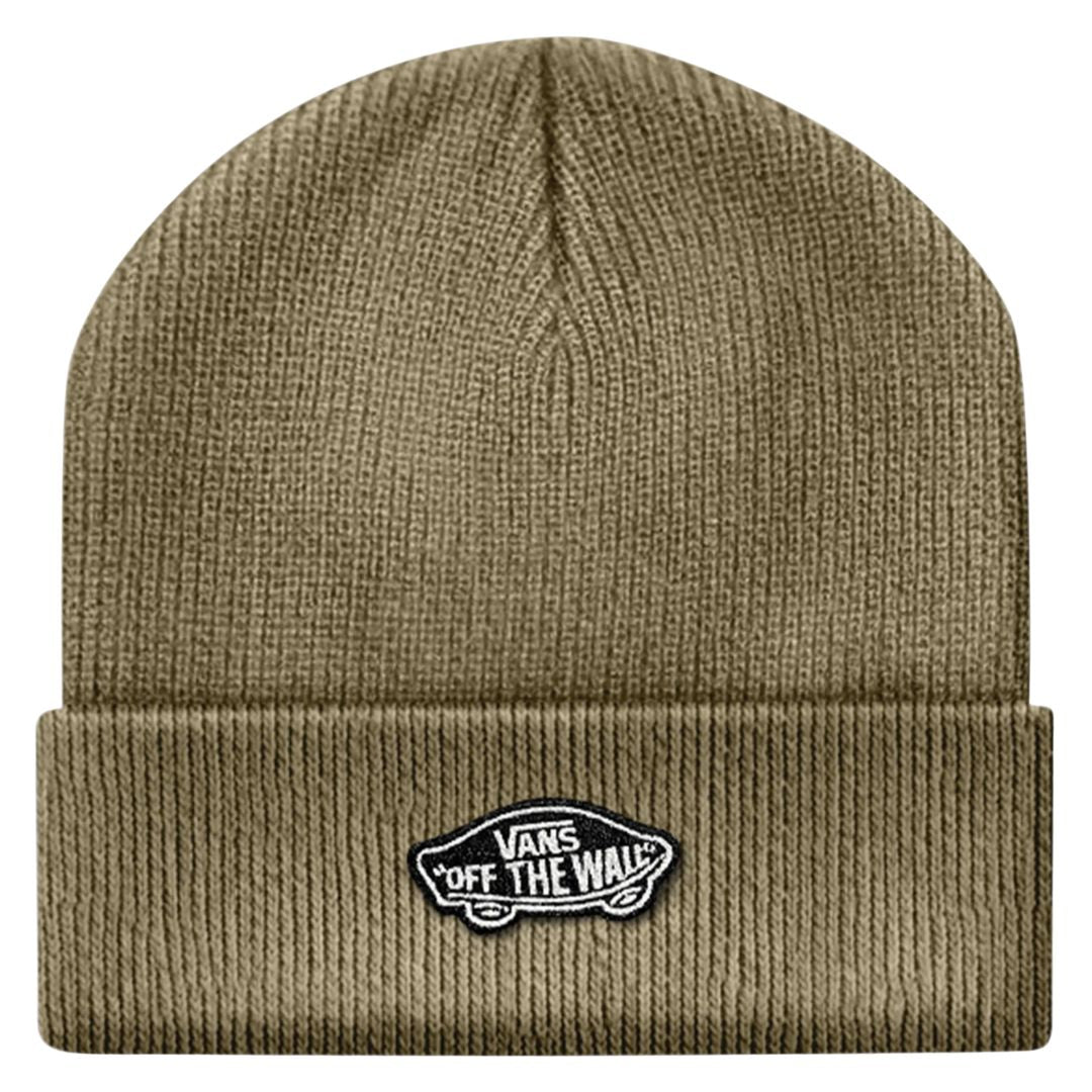 Gorro Vans Classic Cuff en verde oliva, de punto acanalado, con vuelta ancha y parche bordado Off The Wall cosido en el frontal sobre fondo negro y blanco.