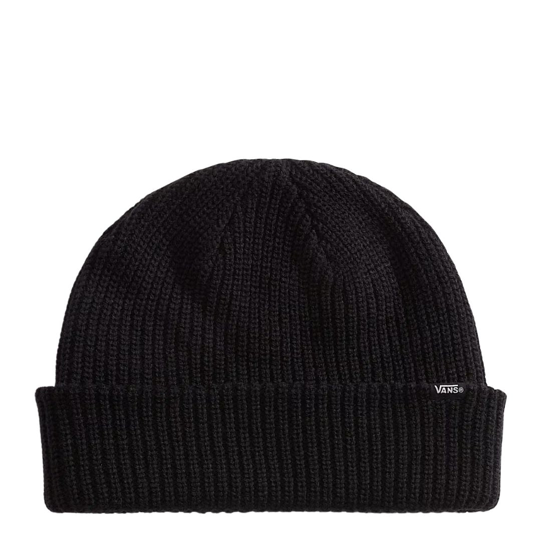 Vista frontal del gorro Vans Core Basic negro con borde vuelto y etiqueta tejida Vans en relieve, mostrando el ajuste ceñido y el punto de acrílico suave al tacto.