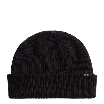 Vista frontal del gorro Vans Core Basic negro con borde vuelto y etiqueta tejida Vans en relieve, mostrando el ajuste ceñido y el punto de acrílico suave al tacto.
