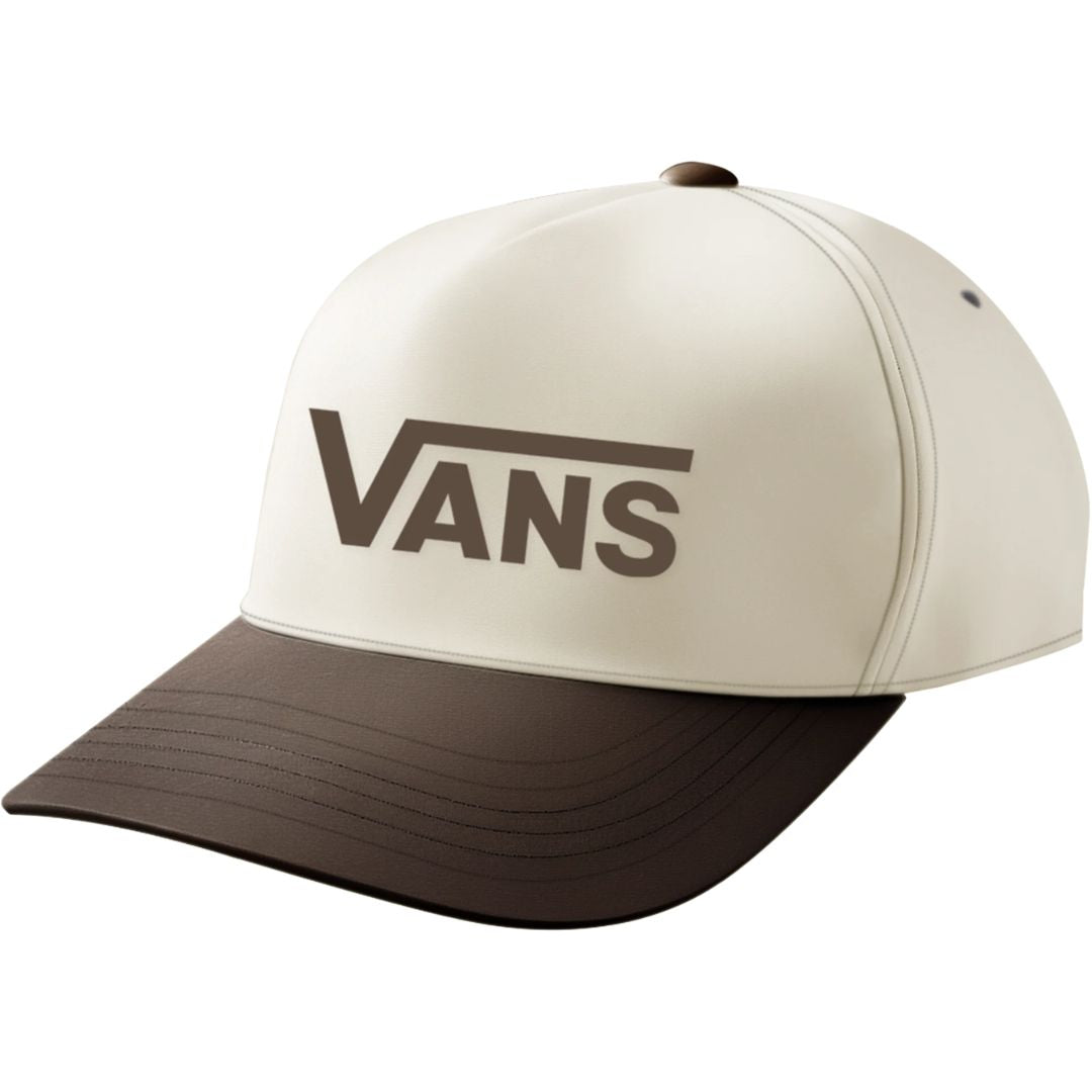 Gorra Vans Drop V Logo Snapback Hat color Vintage Cocoa con panel frontal beige, visera marrón ligeramente curvada, logo Vans estampado en frontal y estructura de 5 paneles en algodón.