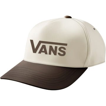 Gorra Vans Drop V Logo Snapback Hat color Vintage Cocoa con panel frontal beige, visera marrón ligeramente curvada, logo Vans estampado en frontal y estructura de 5 paneles en algodón.